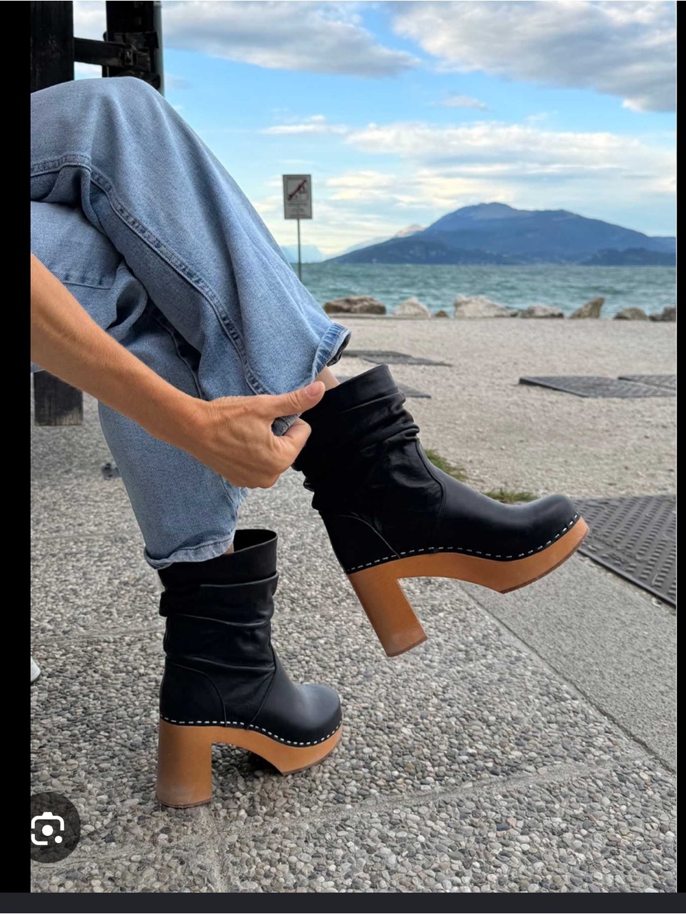 Swedish Hasbeens Black Leather Platform Ankle Boots with Tan Wood Heel